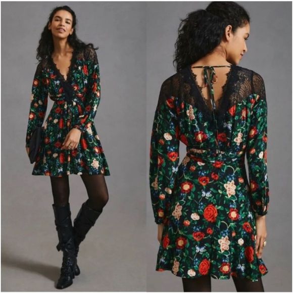 Anthropologie Dress 16 Lace V-Neck Dark Floral Rose Long Sleeve Mini Flowy NWT - Picture 15 of 16